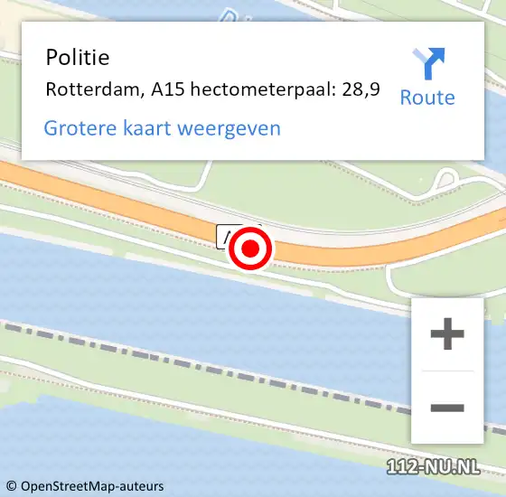Locatie op kaart van de 112 melding: Politie Rotterdam, A15 hectometerpaal: 28,9 op 8 april 2024 09:13