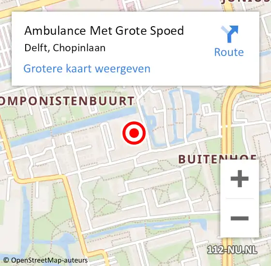 Locatie op kaart van de 112 melding: Ambulance Met Grote Spoed Naar Delft, Chopinlaan op 8 april 2024 13:41