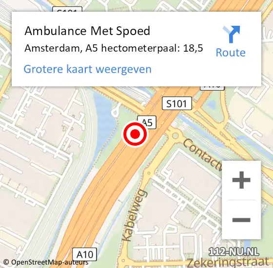 Locatie op kaart van de 112 melding: Ambulance Met Spoed Naar Amsterdam, A5 hectometerpaal: 18,5 op 8 april 2024 18:06
