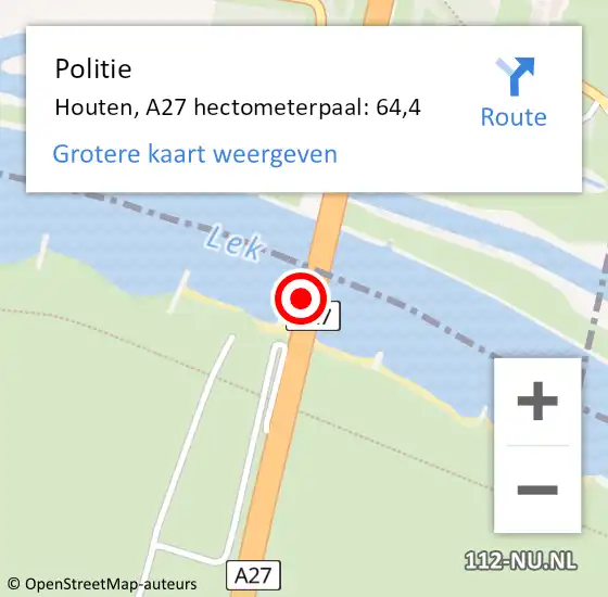 Locatie op kaart van de 112 melding: Politie Houten, A27 hectometerpaal: 64,4 op 8 april 2024 18:17