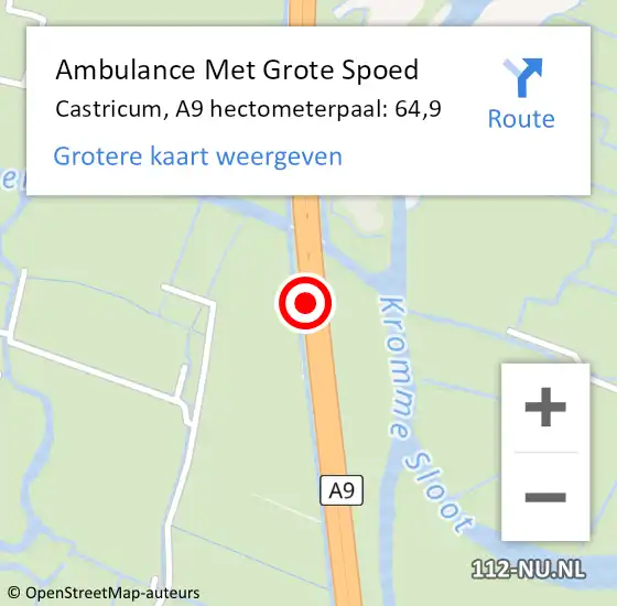 Locatie op kaart van de 112 melding: Ambulance Met Grote Spoed Naar Castricum, A9 hectometerpaal: 64,9 op 8 april 2024 18:45