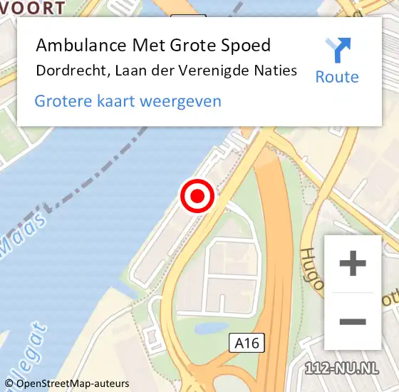 Locatie op kaart van de 112 melding: Ambulance Met Grote Spoed Naar Dordrecht, Laan der Verenigde Naties op 8 april 2024 19:51
