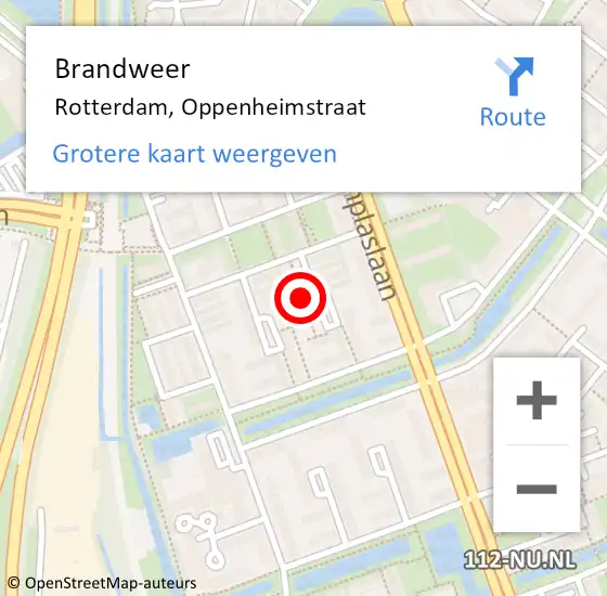 Locatie op kaart van de 112 melding: Brandweer Rotterdam, Oppenheimstraat op 8 april 2024 22:43