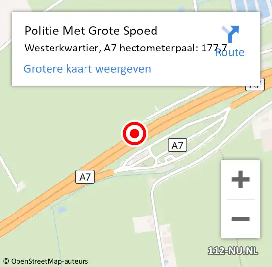 Locatie op kaart van de 112 melding: Politie Met Grote Spoed Naar Westerkwartier, A7 hectometerpaal: 177,7 op 8 april 2024 23:18
