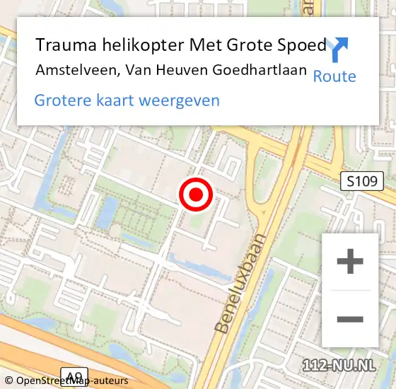 Locatie op kaart van de 112 melding: Trauma helikopter Met Grote Spoed Naar Amstelveen, Van Heuven Goedhartlaan op 9 april 2024 00:38