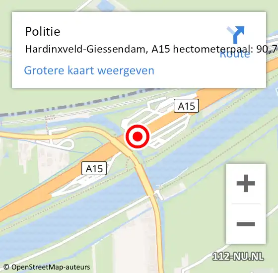 Locatie op kaart van de 112 melding: Politie Hardinxveld-Giessendam, A15 hectometerpaal: 90,7 op 9 april 2024 08:53