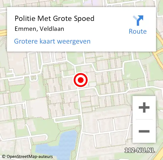 Locatie op kaart van de 112 melding: Politie Met Grote Spoed Naar Emmen, Veldlaan op 9 april 2024 14:04