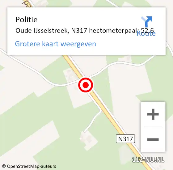 Locatie op kaart van de 112 melding: Politie Oude IJsselstreek, N317 hectometerpaal: 52,6 op 9 april 2024 17:15