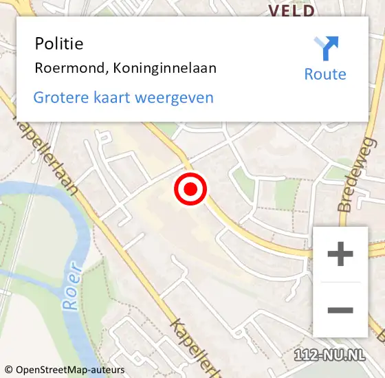 Locatie op kaart van de 112 melding: Politie Roermond, Koninginnelaan op 9 april 2024 18:07