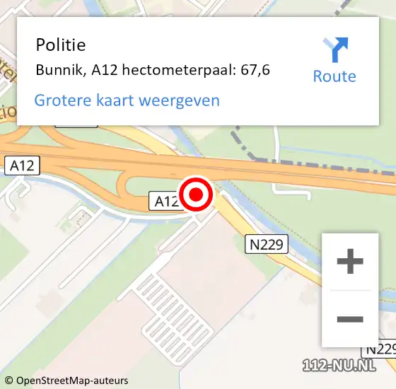 Locatie op kaart van de 112 melding: Politie Bunnik, A12 hectometerpaal: 67,6 op 9 april 2024 18:10