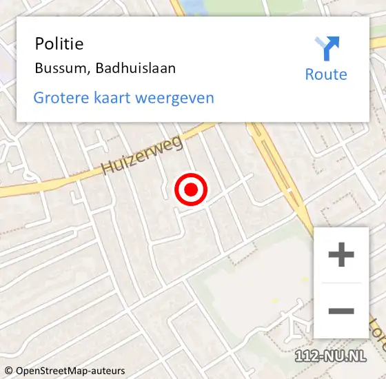 Locatie op kaart van de 112 melding: Politie Bussum, Badhuislaan op 9 april 2024 18:22