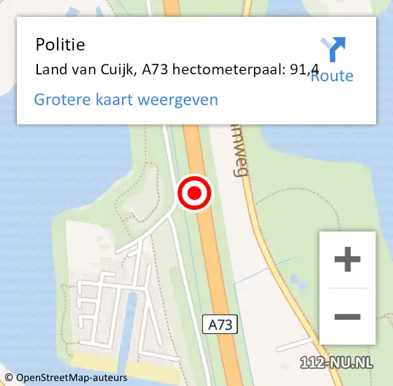 Locatie op kaart van de 112 melding: Politie Land van Cuijk, A73 hectometerpaal: 91,4 op 10 april 2024 04:15