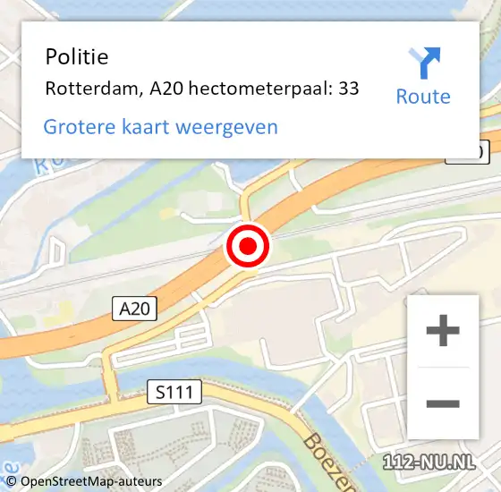 Locatie op kaart van de 112 melding: Politie Rotterdam, A20 hectometerpaal: 33 op 10 april 2024 06:02