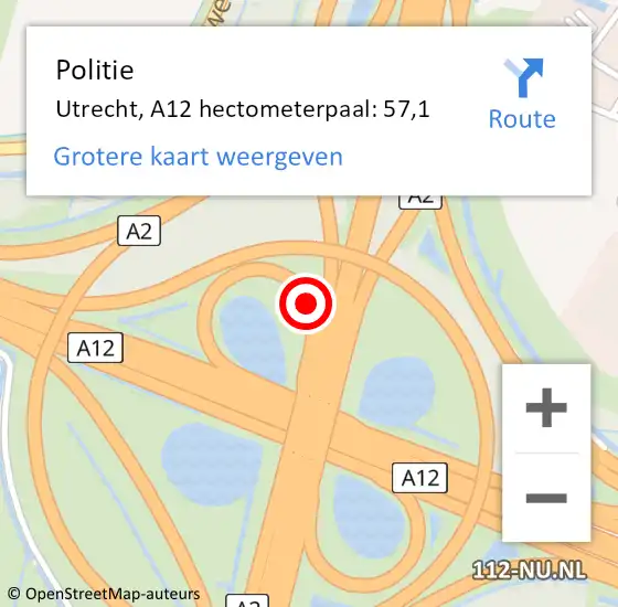 Locatie op kaart van de 112 melding: Politie Utrecht, A12 hectometerpaal: 57,1 op 10 april 2024 07:32