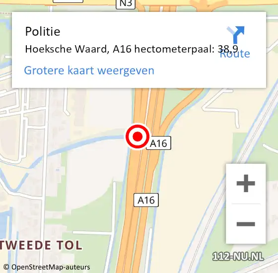 Locatie op kaart van de 112 melding: Politie Hoeksche Waard, A16 hectometerpaal: 38,9 op 10 april 2024 07:40