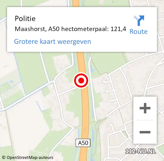 Locatie op kaart van de 112 melding: Politie Maashorst, A50 hectometerpaal: 121,4 op 10 april 2024 07:53