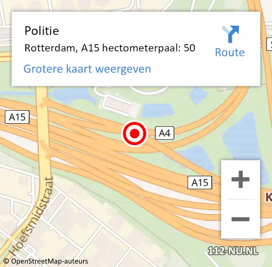 Locatie op kaart van de 112 melding: Politie Rotterdam, A15 hectometerpaal: 50 op 10 april 2024 07:56