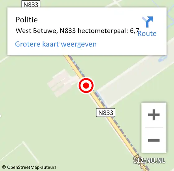 Locatie op kaart van de 112 melding: Politie West Betuwe, N833 hectometerpaal: 6,7 op 10 april 2024 09:06