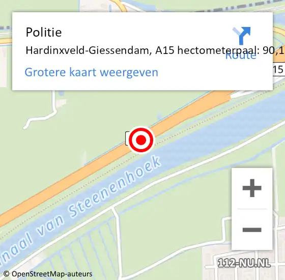 Locatie op kaart van de 112 melding: Politie Hardinxveld-Giessendam, A15 hectometerpaal: 90,1 op 10 april 2024 09:55