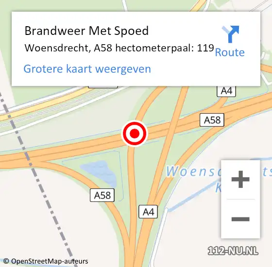 Locatie op kaart van de 112 melding: Brandweer Met Spoed Naar Woensdrecht, A58 hectometerpaal: 119 op 10 april 2024 10:50