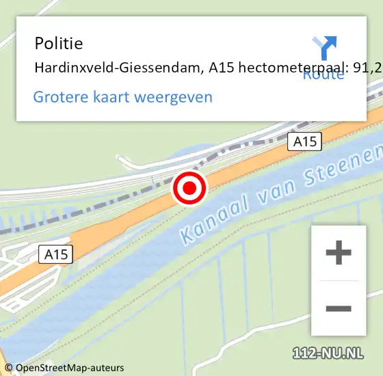 Locatie op kaart van de 112 melding: Politie Hardinxveld-Giessendam, A15 hectometerpaal: 91,2 op 10 april 2024 15:06