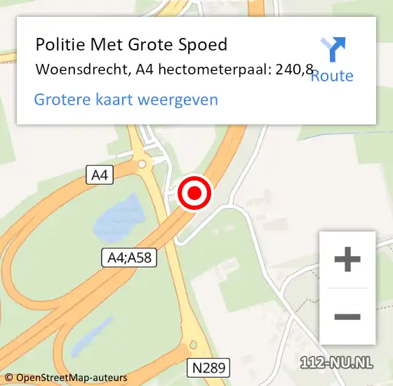 Locatie op kaart van de 112 melding: Politie Met Grote Spoed Naar Woensdrecht, A4 hectometerpaal: 240,8 op 10 april 2024 15:56