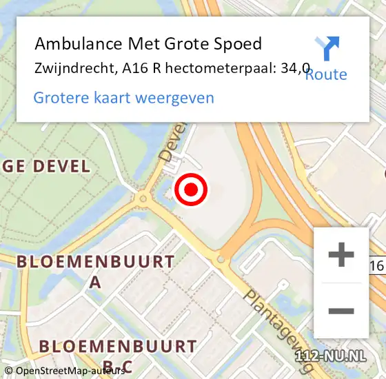 Locatie op kaart van de 112 melding: Ambulance Met Grote Spoed Naar Zwijndrecht, A16 R hectometerpaal: 34,0 op 2 oktober 2014 03:15