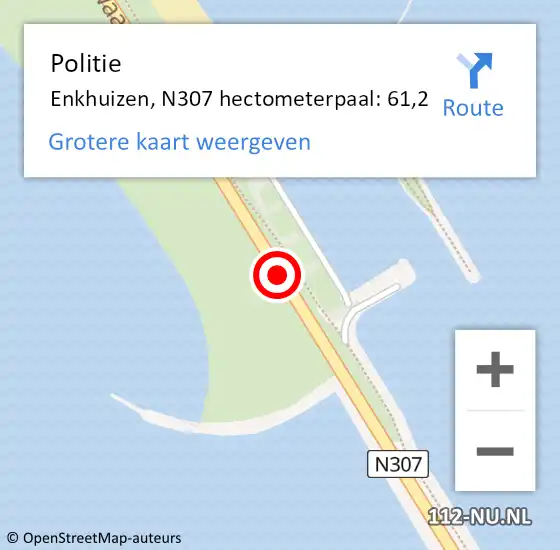 Locatie op kaart van de 112 melding: Politie Enkhuizen, N307 hectometerpaal: 61,2 op 10 april 2024 17:53