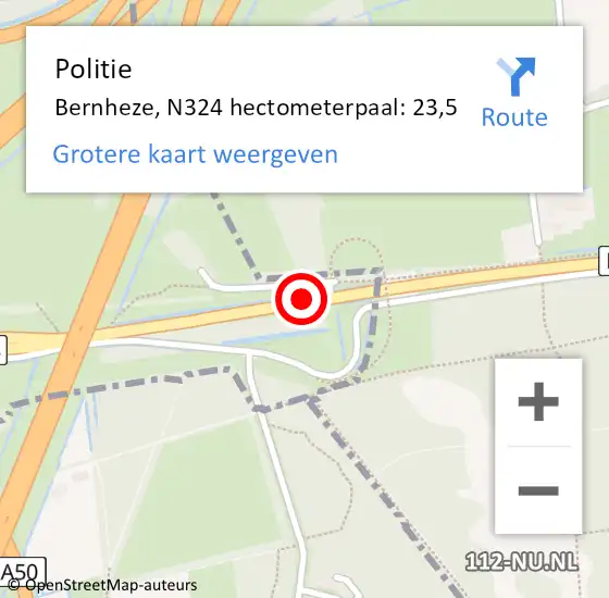 Locatie op kaart van de 112 melding: Politie Bernheze, N324 hectometerpaal: 23,5 op 10 april 2024 20:51
