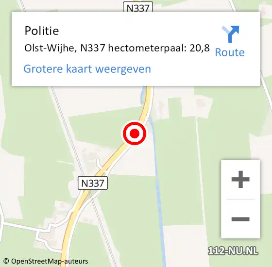 Locatie op kaart van de 112 melding: Politie Olst-Wijhe, N337 hectometerpaal: 20,8 op 11 april 2024 00:51