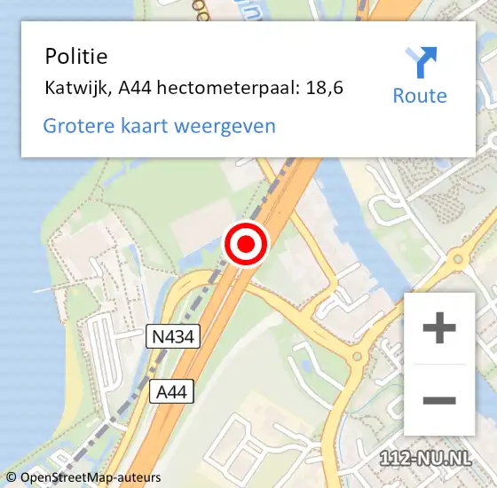 Locatie op kaart van de 112 melding: Politie Katwijk, A44 hectometerpaal: 18,6 op 11 april 2024 08:34