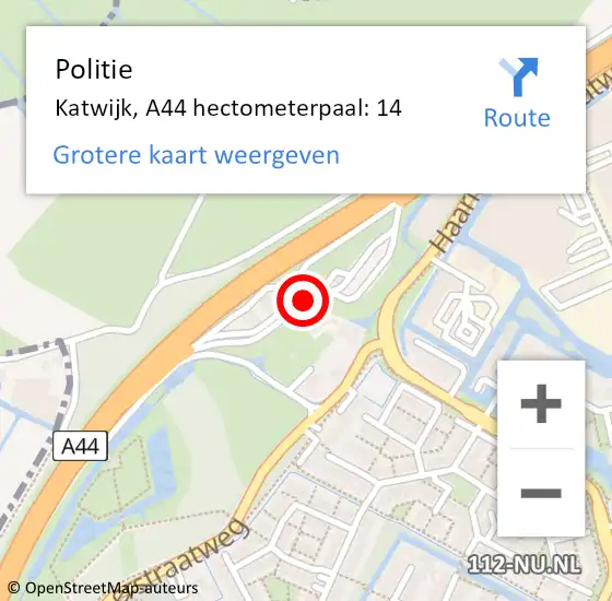 Locatie op kaart van de 112 melding: Politie Katwijk, A44 hectometerpaal: 14 op 11 april 2024 09:16