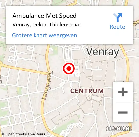 Locatie op kaart van de 112 melding: Ambulance Met Spoed Naar Venray, Deken Thielenstraat op 11 april 2024 10:35