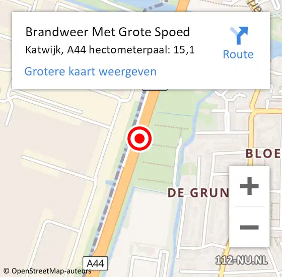Locatie op kaart van de 112 melding: Brandweer Met Grote Spoed Naar Katwijk, A44 hectometerpaal: 15,1 op 11 april 2024 11:27