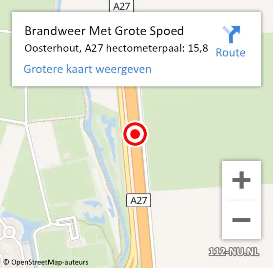 Locatie op kaart van de 112 melding: Brandweer Met Grote Spoed Naar Oosterhout, A27 hectometerpaal: 15,8 op 11 april 2024 13:34