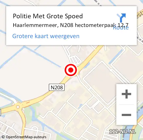 Locatie op kaart van de 112 melding: Politie Met Grote Spoed Naar Haarlemmermeer, N208 hectometerpaal: 12,7 op 11 april 2024 14:20
