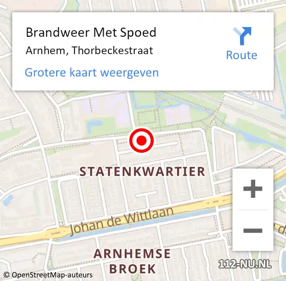 Locatie op kaart van de 112 melding: Brandweer Met Spoed Naar Arnhem, Thorbeckestraat op 11 april 2024 14:27