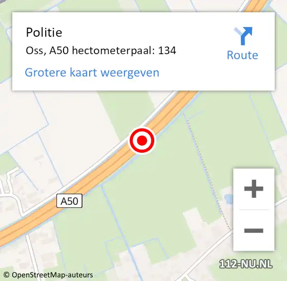 Locatie op kaart van de 112 melding: Politie Oss, A50 hectometerpaal: 134 op 11 april 2024 14:50