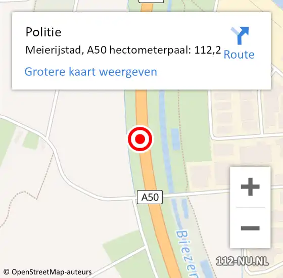 Locatie op kaart van de 112 melding: Politie Meierijstad, A50 hectometerpaal: 112,2 op 11 april 2024 17:04