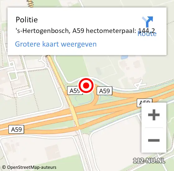 Locatie op kaart van de 112 melding: Politie 's-Hertogenbosch, A59 hectometerpaal: 144,2 op 11 april 2024 17:05