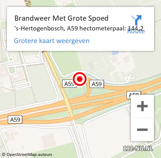 Locatie op kaart van de 112 melding: Brandweer Met Grote Spoed Naar 's-Hertogenbosch, A59 hectometerpaal: 144,2 op 11 april 2024 17:05