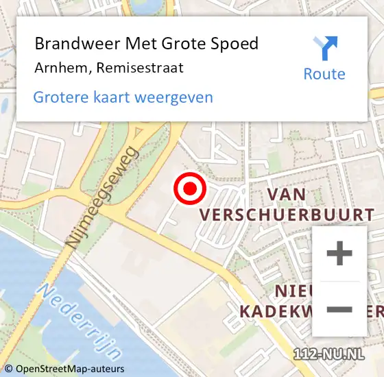 Locatie op kaart van de 112 melding: Brandweer Met Grote Spoed Naar Arnhem, Remisestraat op 11 april 2024 18:39