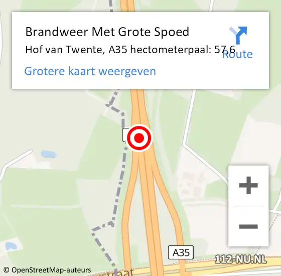 Locatie op kaart van de 112 melding: Brandweer Met Grote Spoed Naar Hof van Twente, A35 hectometerpaal: 57,6 op 11 april 2024 20:45