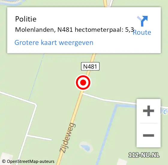 Locatie op kaart van de 112 melding: Politie Molenlanden, N481 hectometerpaal: 5,3 op 11 april 2024 22:54