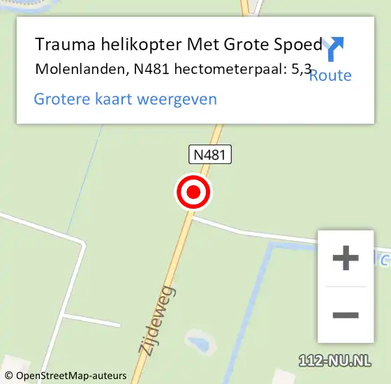 Locatie op kaart van de 112 melding: Trauma helikopter Met Grote Spoed Naar Molenlanden, N481 hectometerpaal: 5,3 op 11 april 2024 22:59