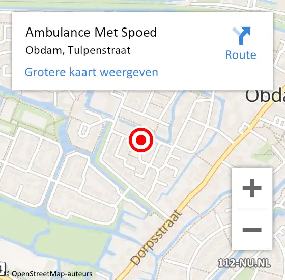 Locatie op kaart van de 112 melding: Ambulance Met Spoed Naar Obdam, Tulpenstraat op 12 april 2024 02:13