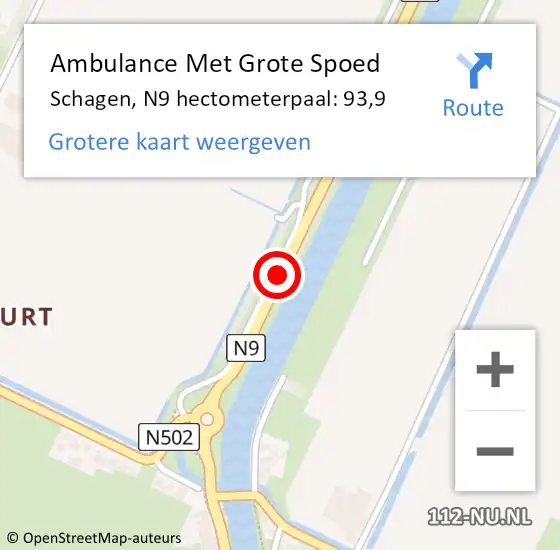 Locatie op kaart van de 112 melding: Ambulance Met Grote Spoed Naar Schagen, N9 hectometerpaal: 93,9 op 12 april 2024 10:22