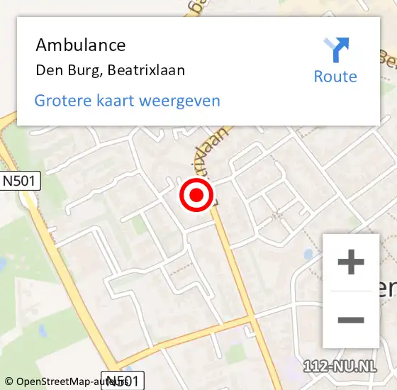 Locatie op kaart van de 112 melding: Ambulance Den Burg, Beatrixlaan op 12 april 2024 13:02