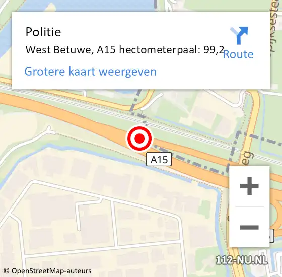 Locatie op kaart van de 112 melding: Politie West Betuwe, A15 hectometerpaal: 99,2 op 12 april 2024 14:04