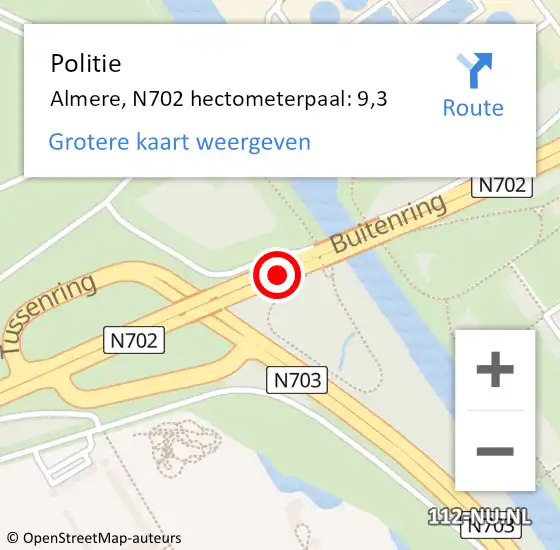 Locatie op kaart van de 112 melding: Politie Almere, N702 hectometerpaal: 9,3 op 12 april 2024 14:48